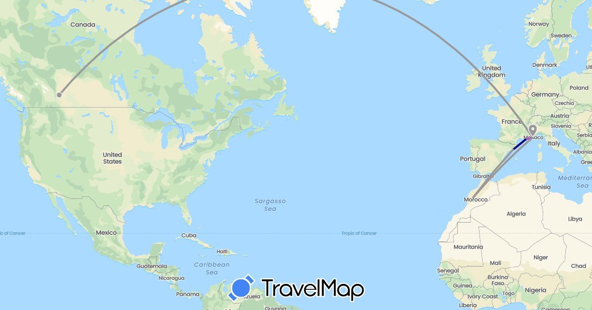 TravelMap itinerary: driving, plane, train in Canada, Spain, France, Morocco (Africa, Europe, North America)